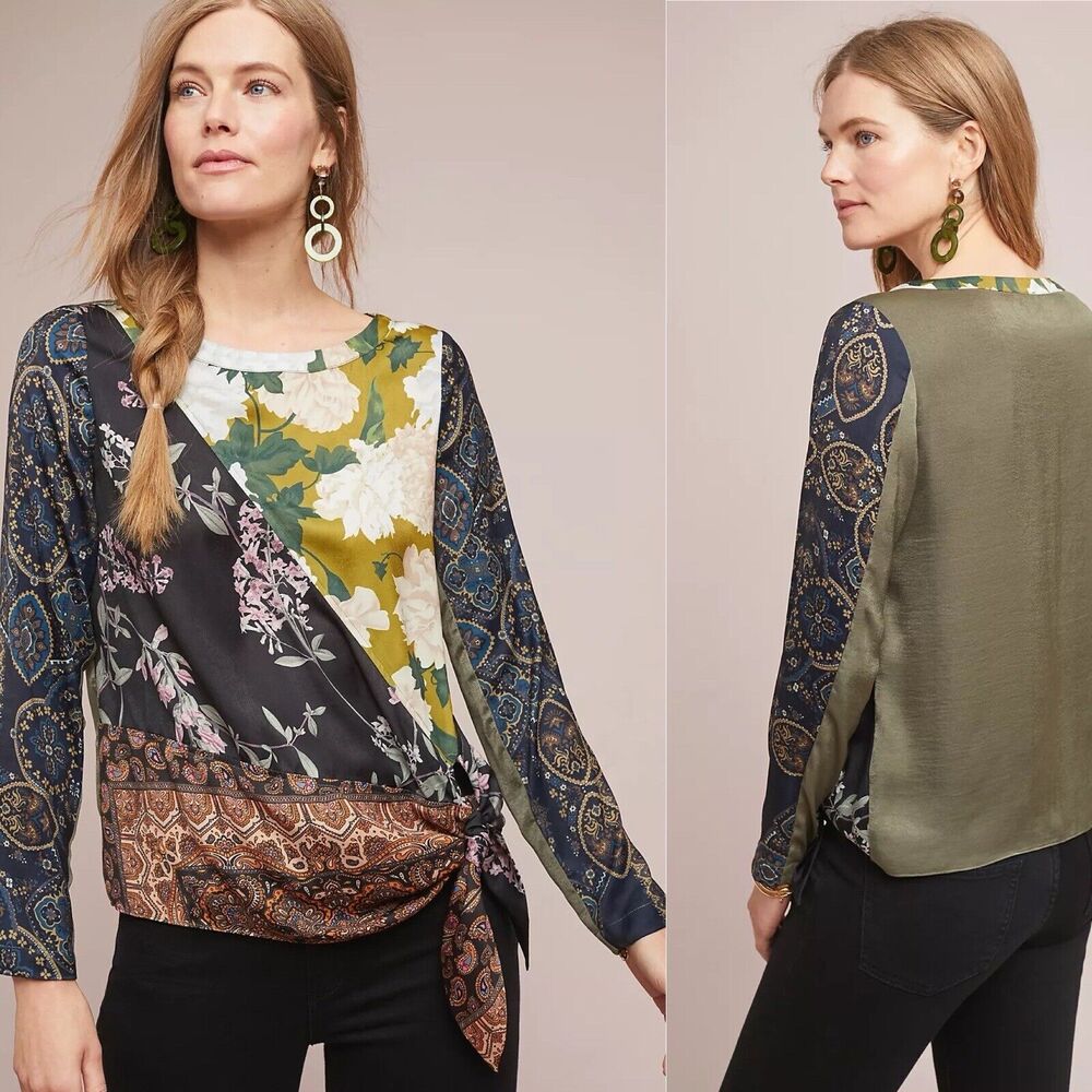 Anthropologie Multicolor Mixed-Print Tie-Front Blouse